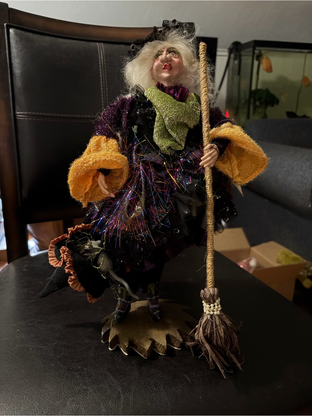 Handcrafted Witch Figurine with Broom - Purple, Orange, Decorative Home Accents